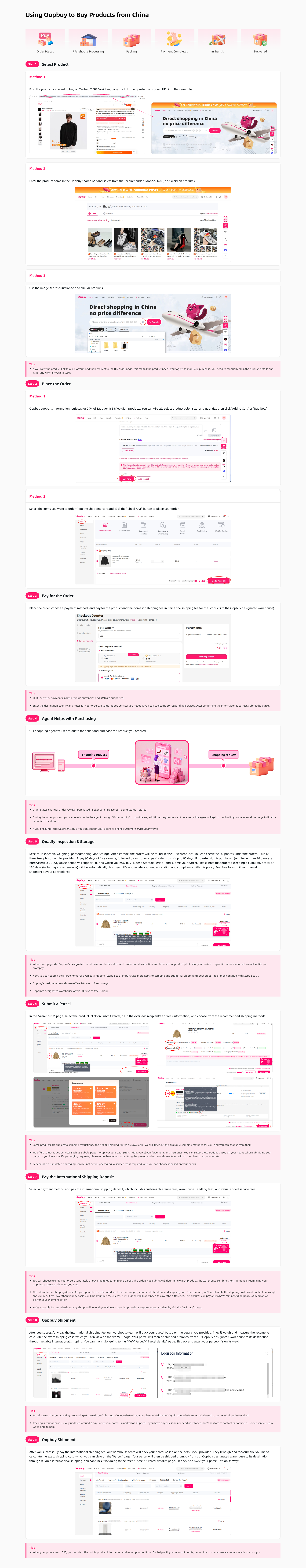 Oopbuy PC help centre interface — purchase agent guide screenshot for Oopbuy Spreadsheet workflow (excerpt)
