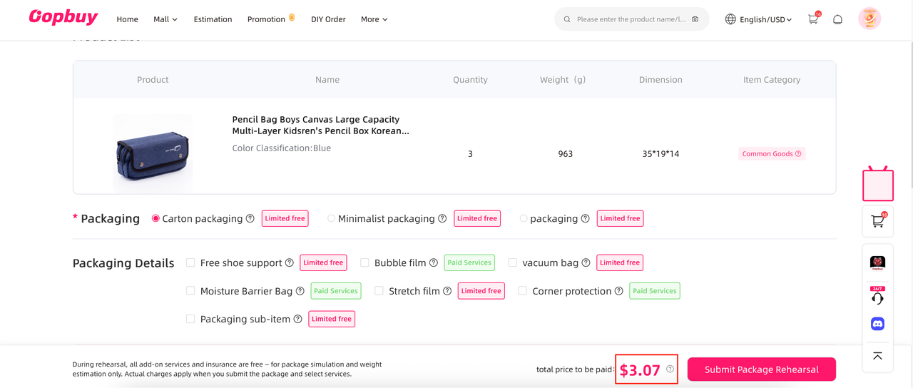 Oopbuy parcel rehearsal payment and packing options confirmation (official notice screenshot)
